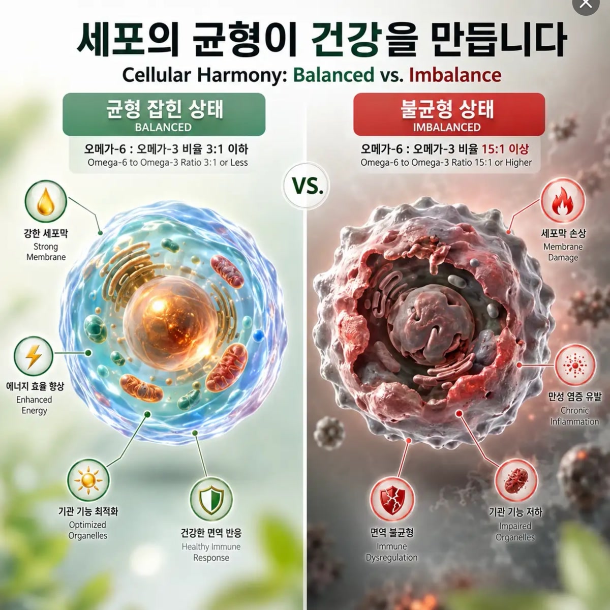 세포의 균형이 건강을 만든다: 3:1 이하의 균형 잡힌 세포와 15:1 이상의 불균형 세포 비교