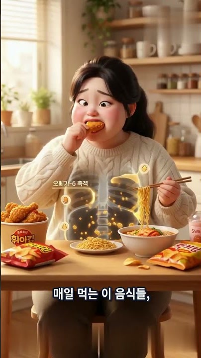 홍보영상 미리보기: 매일 먹는 음식으로 오메가6가 쌓이는 장면